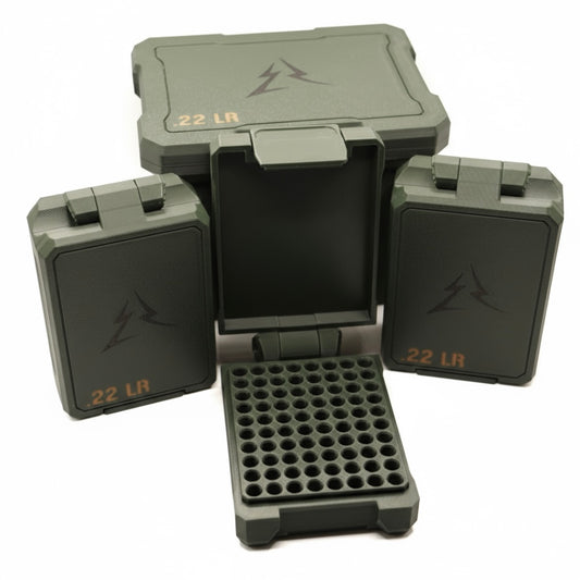 22 LR Rimfire ammo storage box with 80 round ammo cases that fit together in a modular system