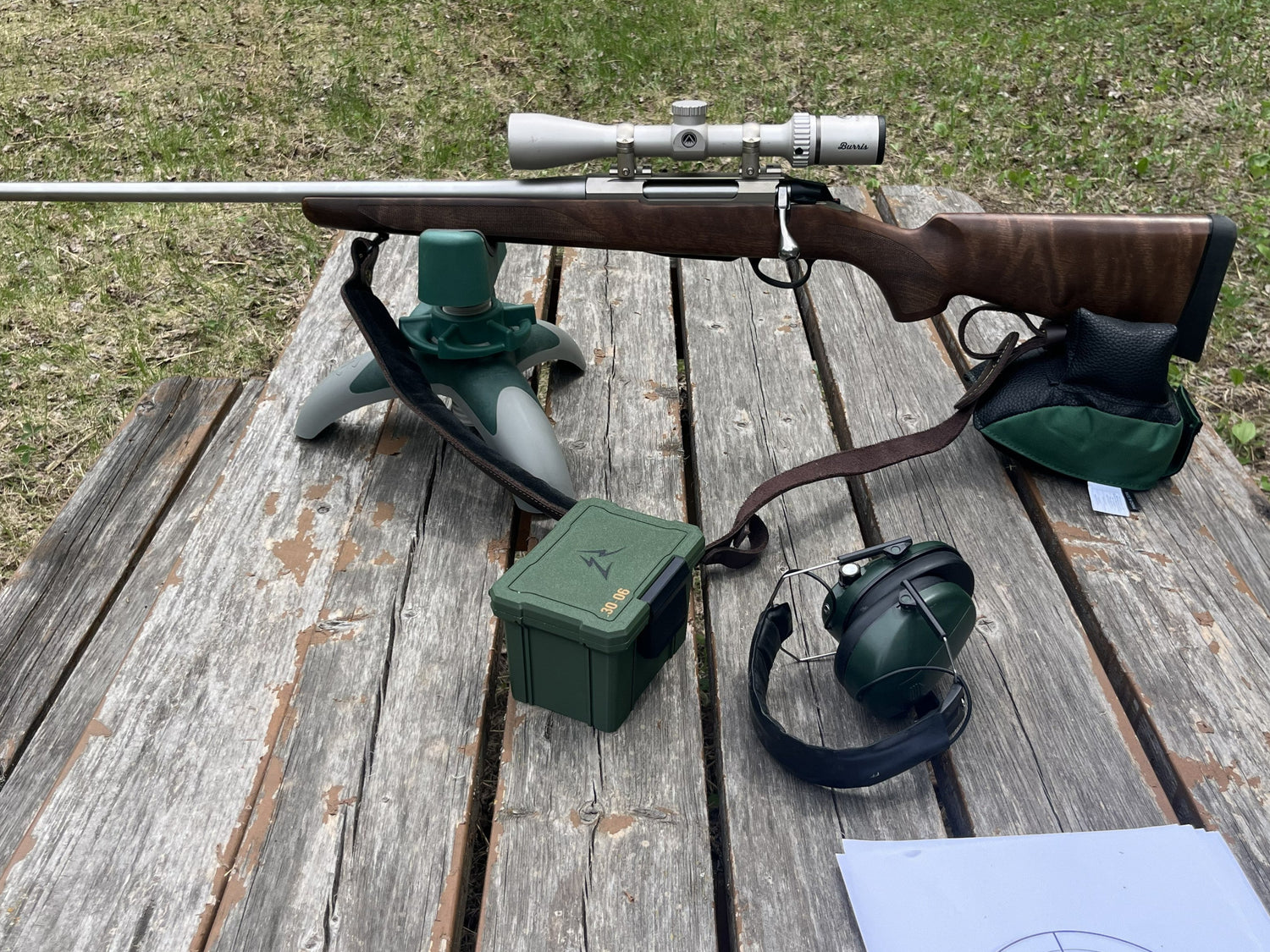 Tikka T3x 30-06 on shooting bench with an East Ridge Ammo box